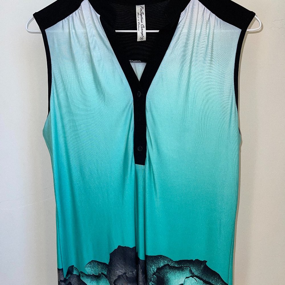 PerSeption Concept Teal And Black Floral Sleeveless Blouse